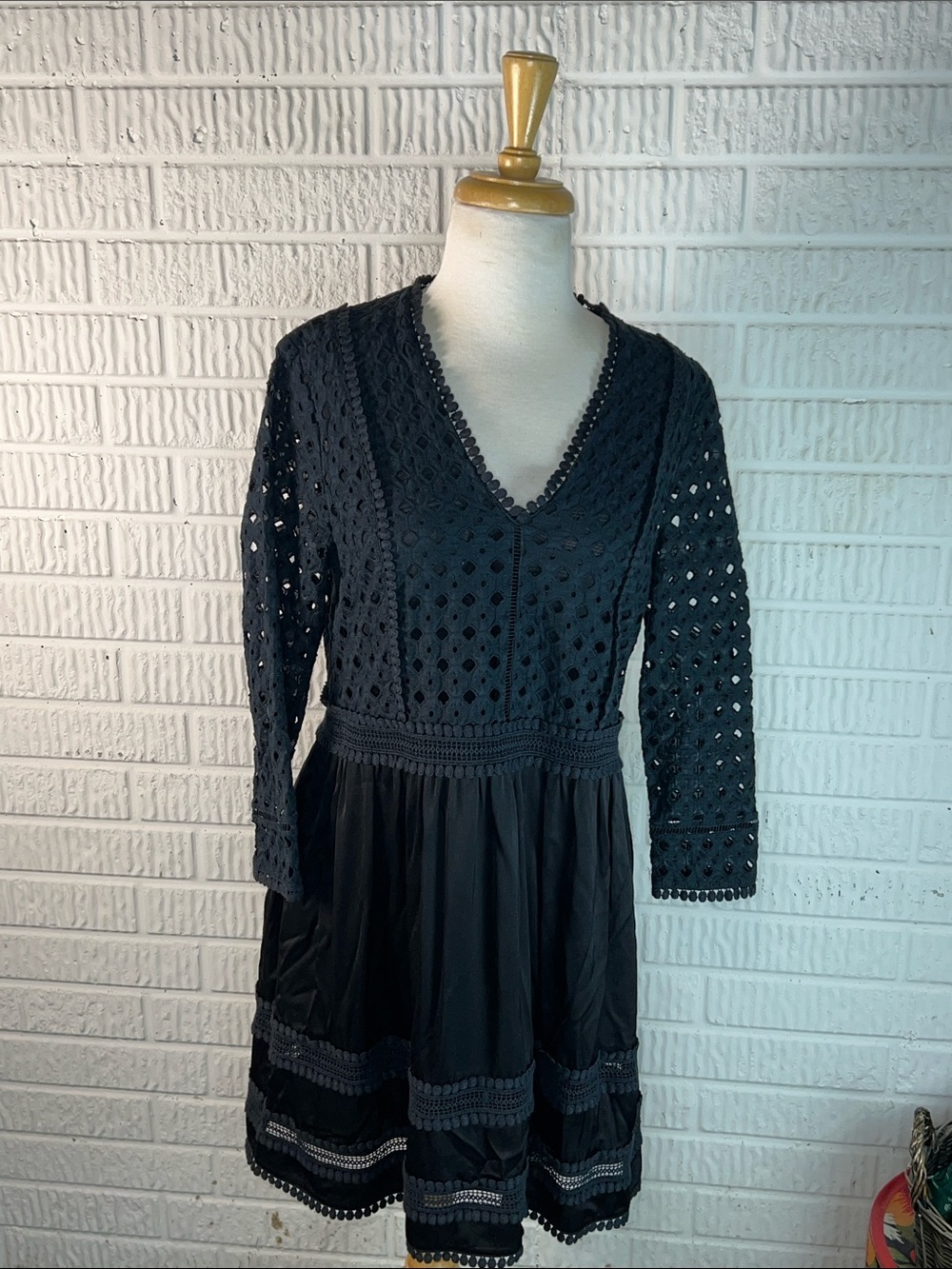 All Saints Black Eyelet V-Neck Long Sleeve Dress Silo Lace